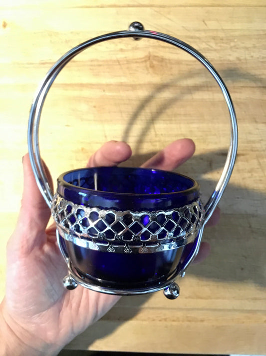 Antique English Queen Anne cobalt blue glass sugar bowl with silver-plate chromium metal stand 1920s art deco era by Mayell E.P. of England