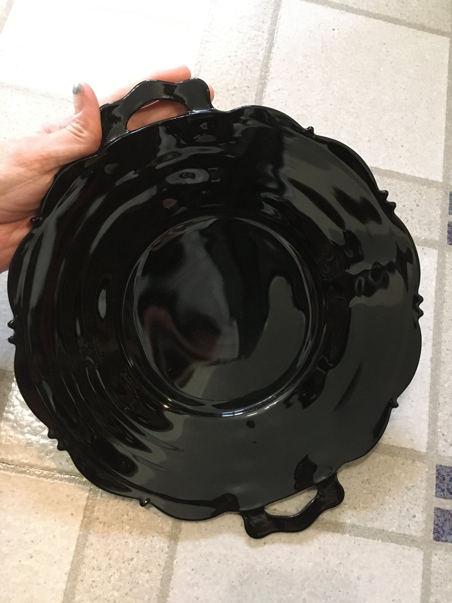 Mt. Pleasant Black Amethyst Depression Glass LE Smith Plate with Handles, 10.5" with handles, c. 1920s