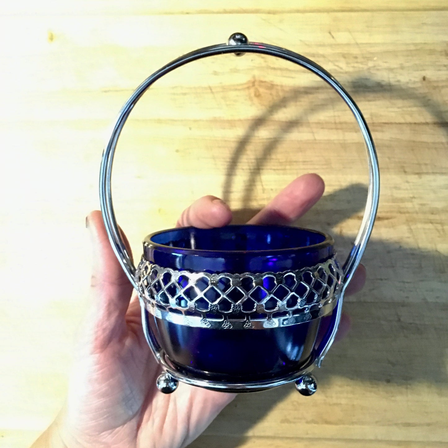 Antique English Queen Anne cobalt blue glass sugar bowl with silver-plate chromium metal stand 1920s art deco era by Mayell E.P. of England