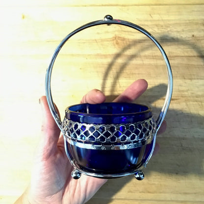 Antique English Queen Anne cobalt blue glass sugar bowl with silver-plate chromium metal stand 1920s art deco era by Mayell E.P. of England