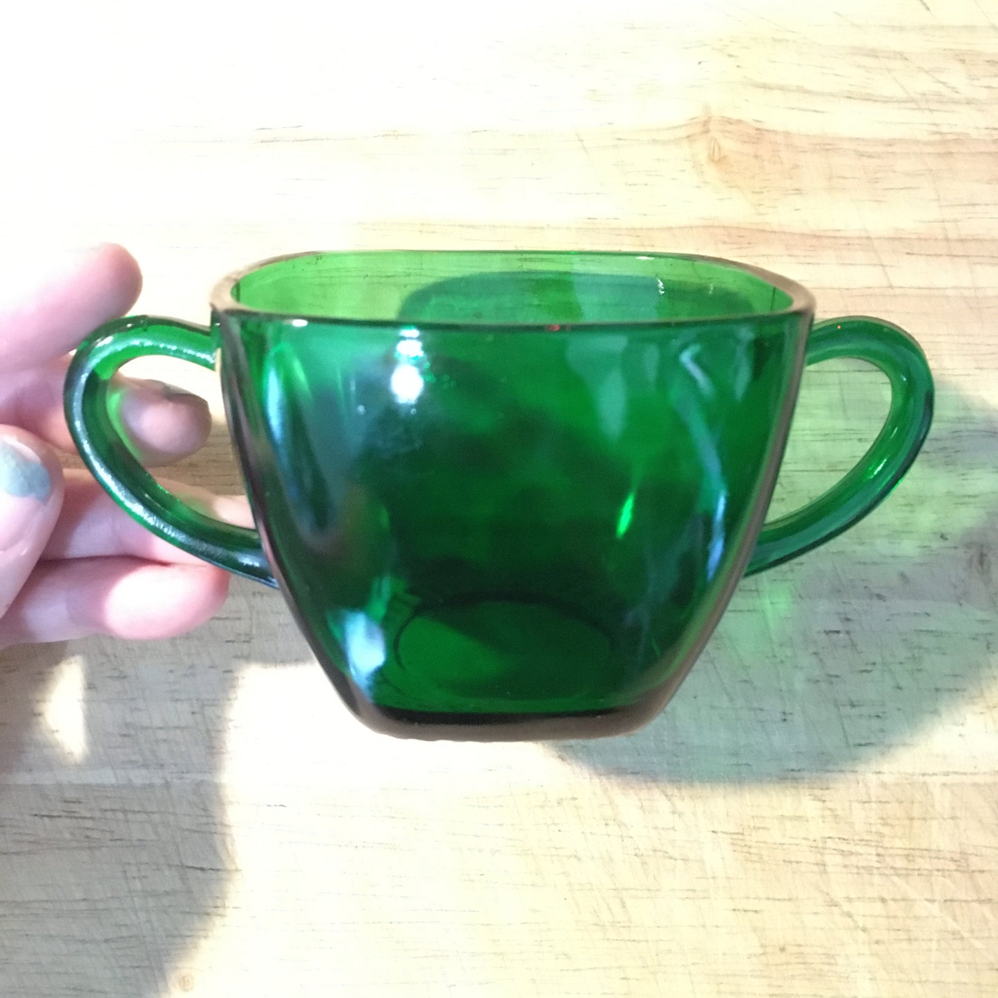 Green tea cup or sugar bowl 1950s Anchor Hocking Fire King "Charm" in forest green