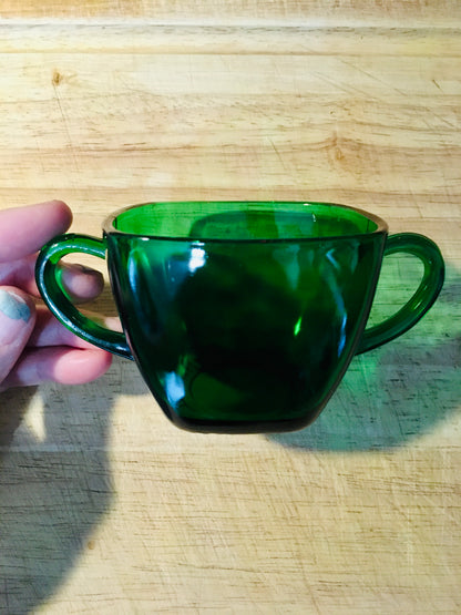 Green tea cup or sugar bowl 1950s Anchor Hocking Fire King "Charm" in forest green