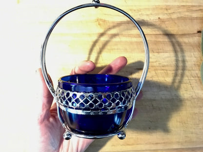 Antique English Queen Anne cobalt blue glass sugar bowl with silver-plate chromium metal stand 1920s art deco era by Mayell E.P. of England