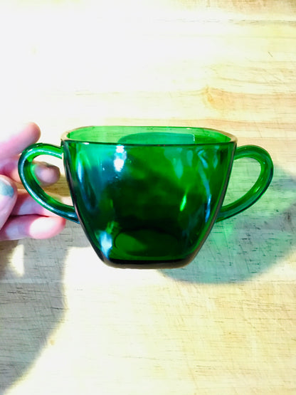 Green tea cup or sugar bowl 1950s Anchor Hocking Fire King "Charm" in forest green