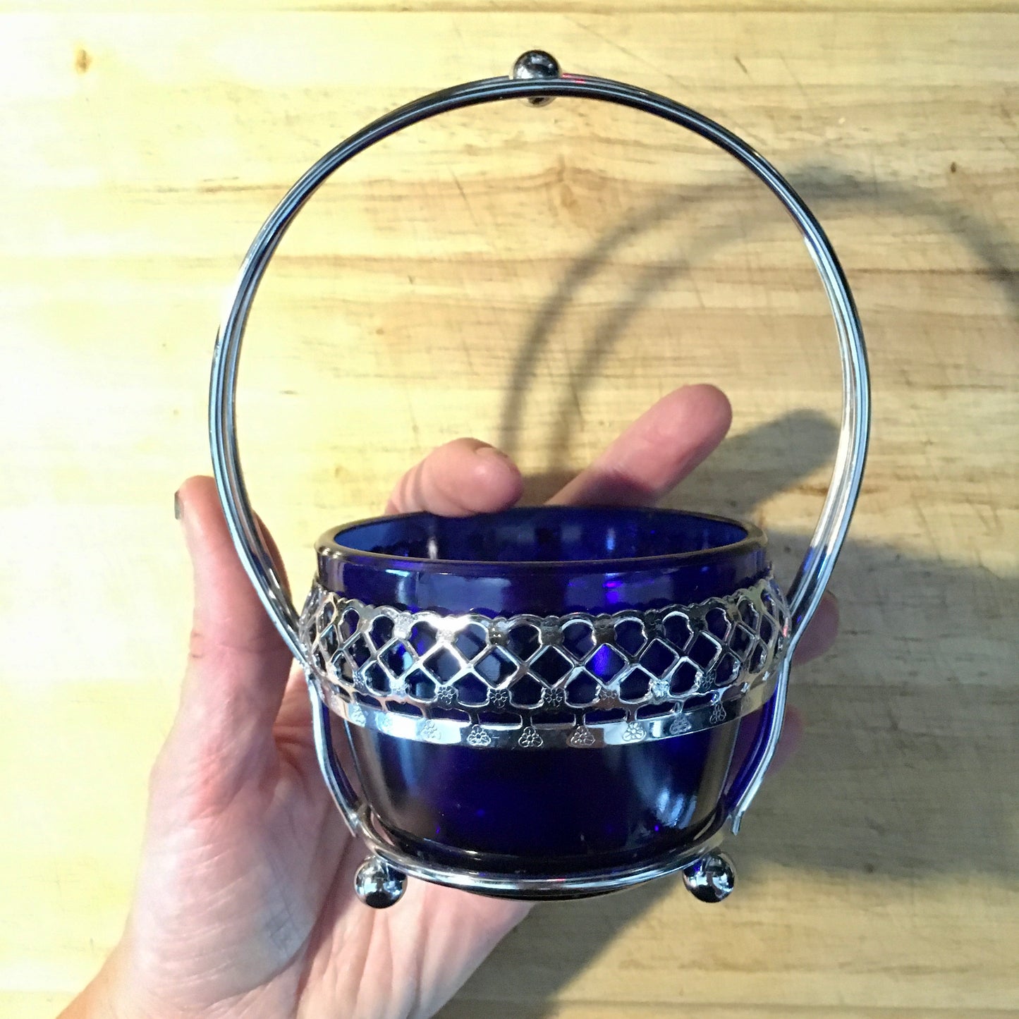 Antique English Queen Anne cobalt blue glass sugar bowl with silver-plate chromium metal stand 1920s art deco era by Mayell E.P. of England